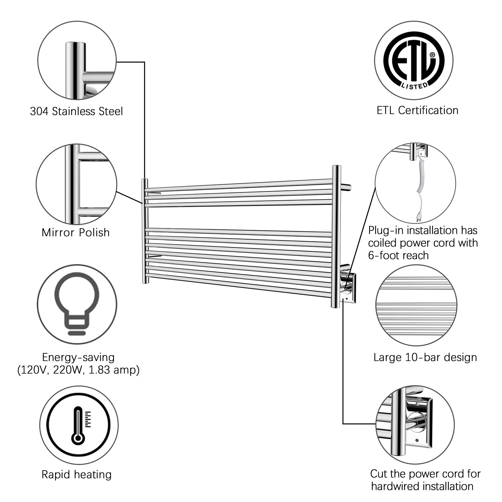 Towel Warmer 10 Straight Bar 42"x20" Wall-Mounted, Hardwired/Plug-In Mirror Polish