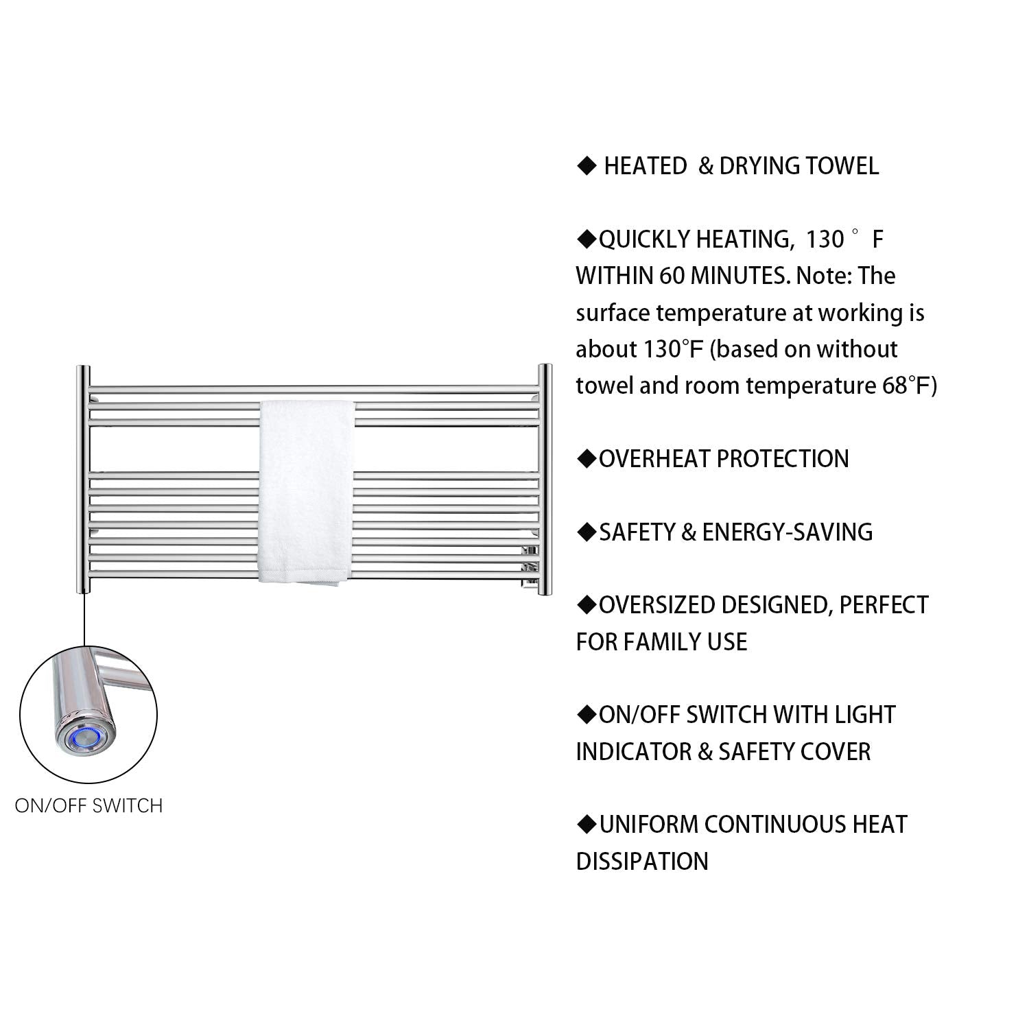 Towel Warmer 10 Straight Bar 42"x20" Wall-Mounted, Hardwired/Plug-In Mirror Polish