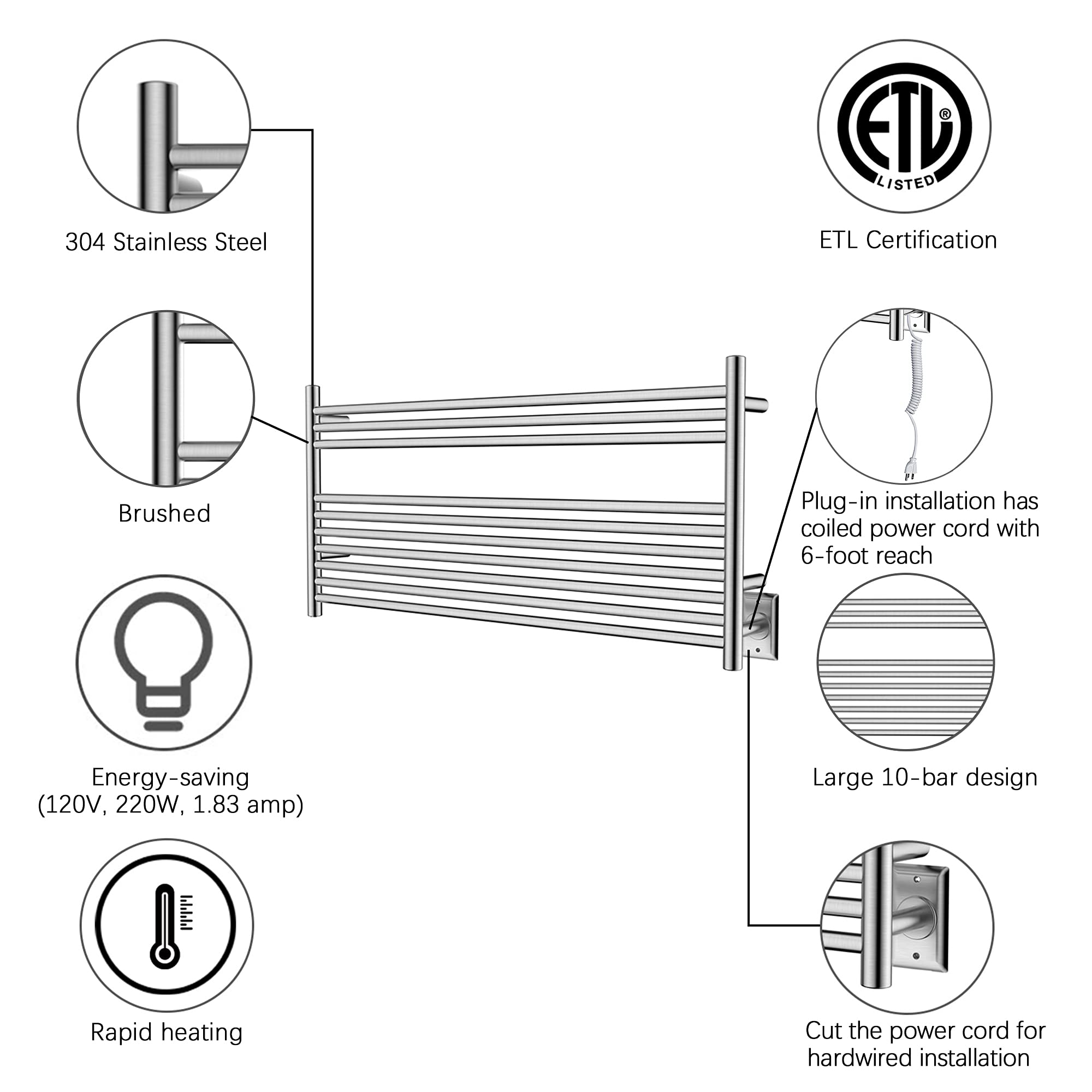 Towel Warmer 10 Straight Bar 42"x20" Wall-Mounted, Hardwired/Plug-In Brushed Polish