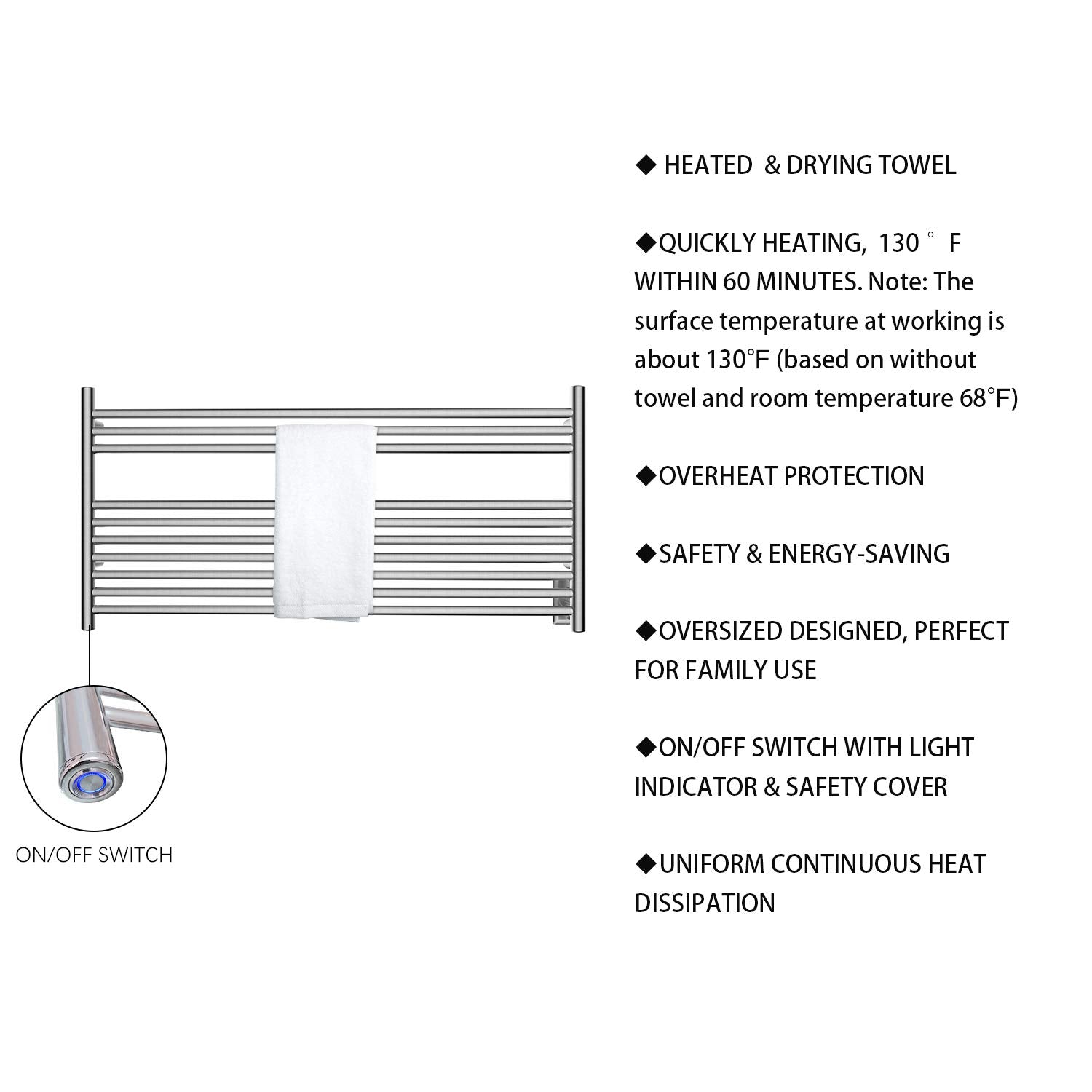 Towel Warmer 10 Straight Bar 42"x20" Wall-Mounted, Hardwired/Plug-In Brushed Polish