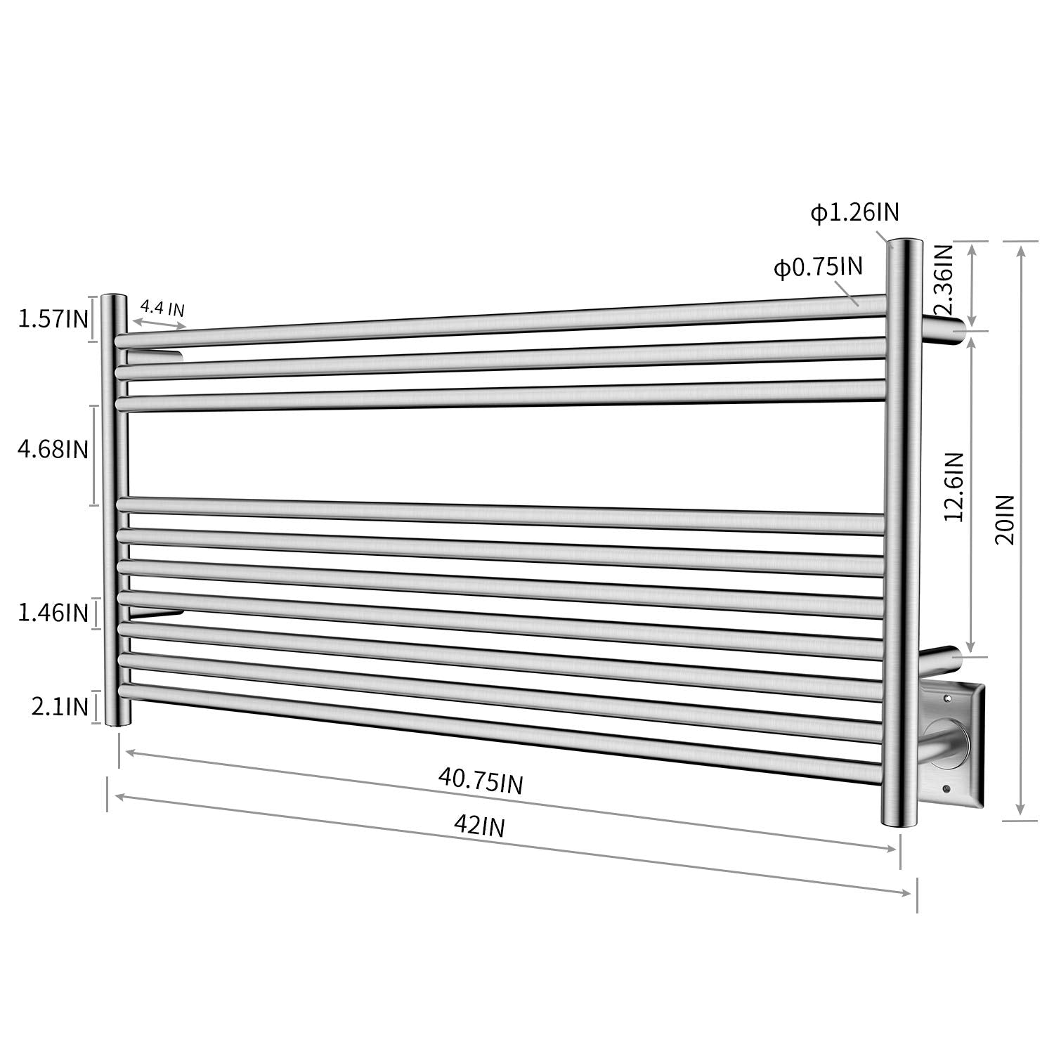 Towel Warmer 10 Straight Bar 42"x20" Wall-Mounted, Hardwired/Plug-In Brushed Polish