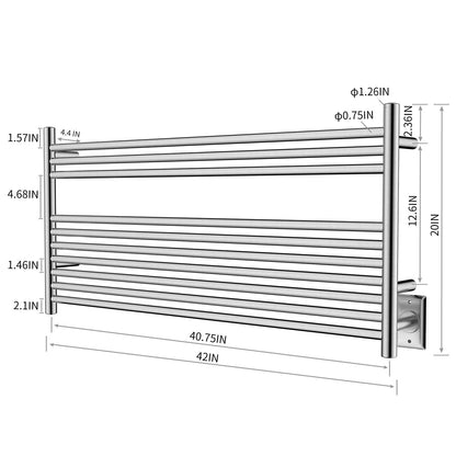 Towel Warmer 10 Straight Bar 42"x20" Wall-Mounted, Hardwired/Plug-In Brushed Polish