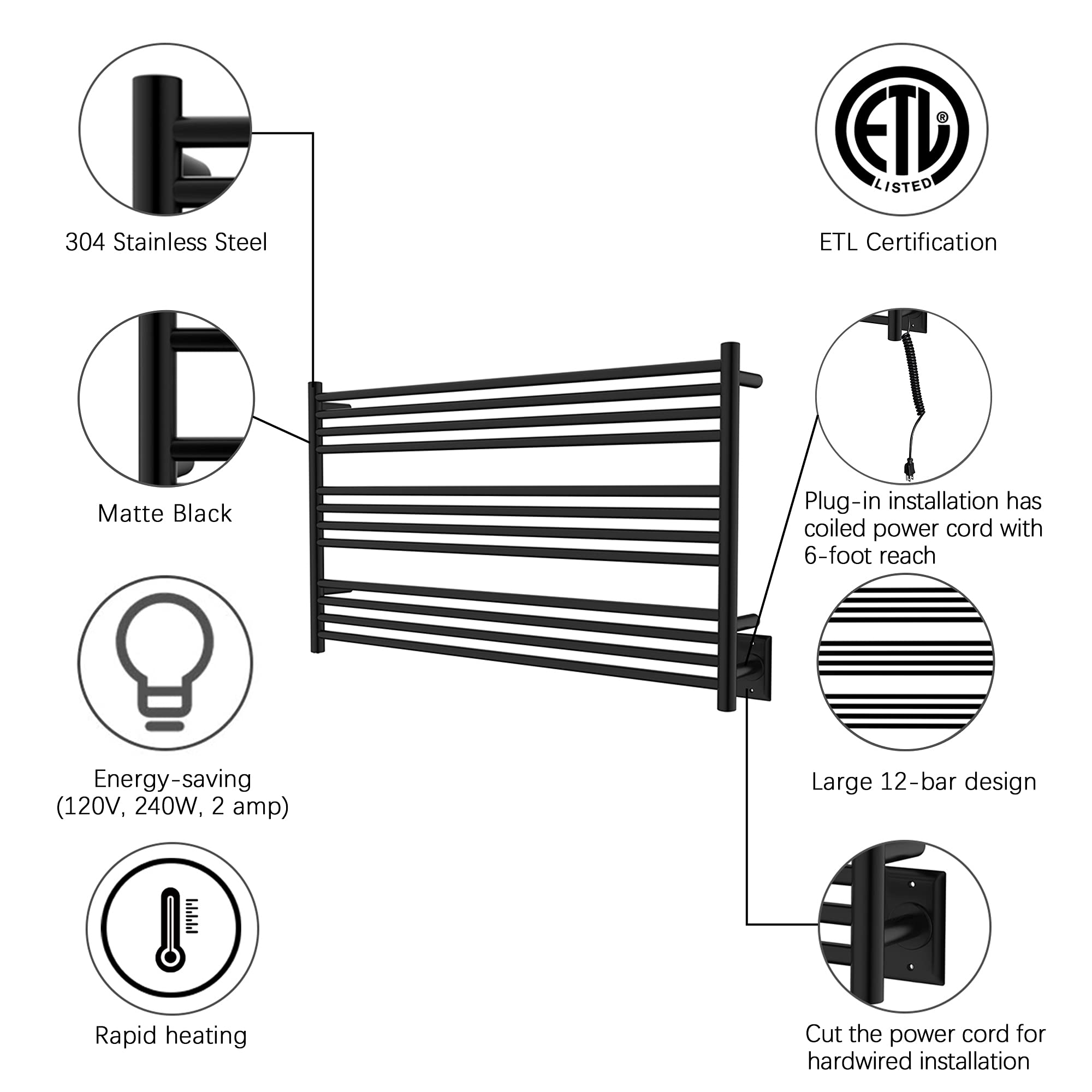 Towel Warmer 12 Straight Bar 42"x24" Wall-Mounted, Hardwired/Plug-In Matte Black