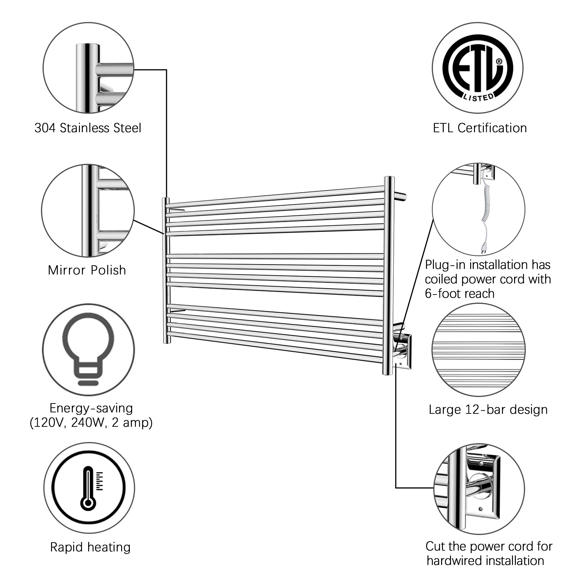 Towel Warmer 12 Straight Bar 42"x24" Wall-Mounted, Hardwired/Plug-In Mirror Polish