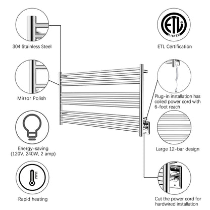 Towel Warmer 12 Straight Bar 42"x24" Wall-Mounted, Hardwired/Plug-In Mirror Polish