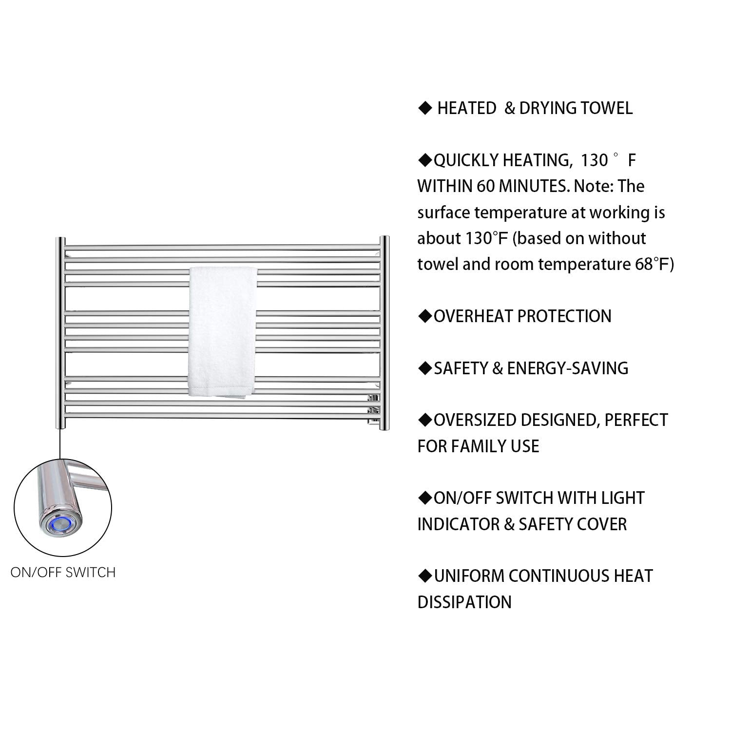 Towel Warmer 12 Straight Bar 42"x24" Wall-Mounted, Hardwired/Plug-In Mirror Polish