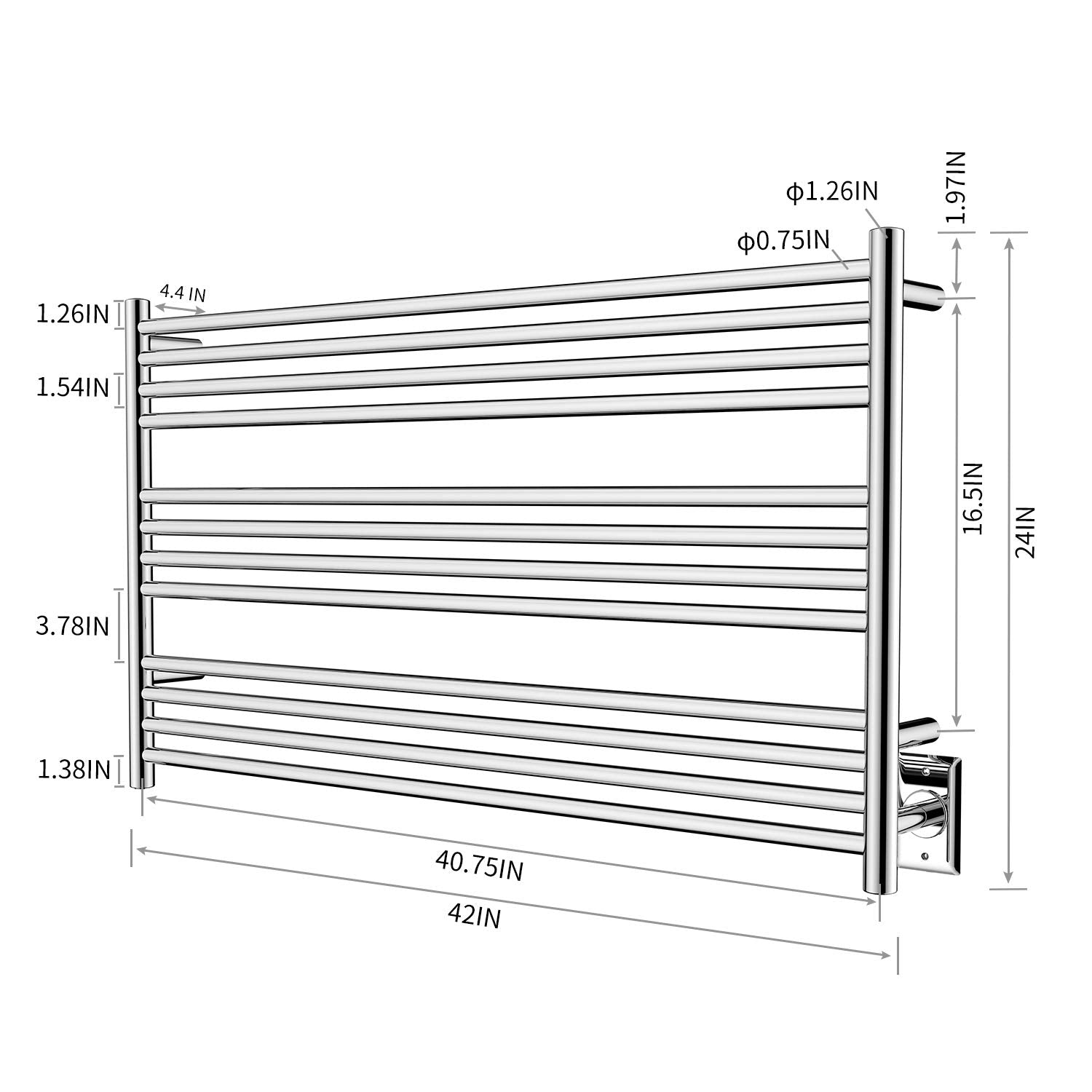 Towel Warmer 12 Straight Bar 42"x24" Wall-Mounted, Hardwired/Plug-In Mirror Polish