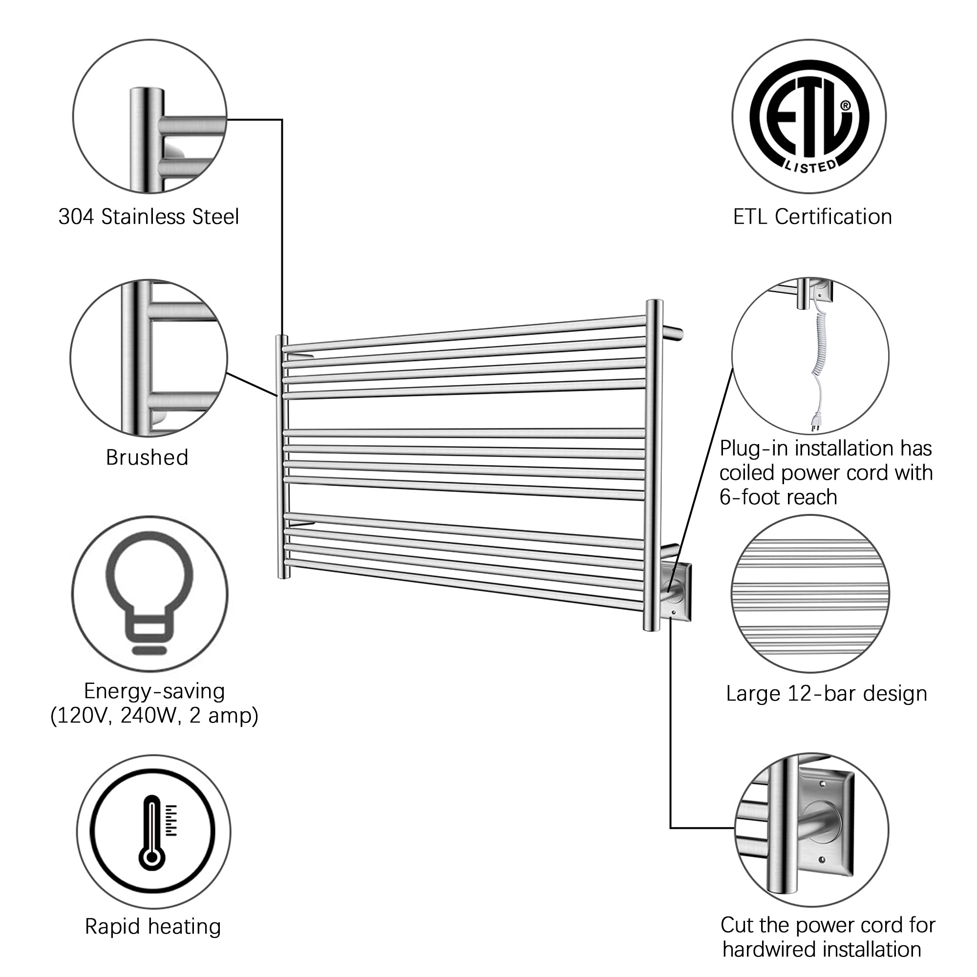 Towel Warmer 12 Straight Bar 42"x24" Wall-Mounted, Hardwired/Plug-In Brushed Polish