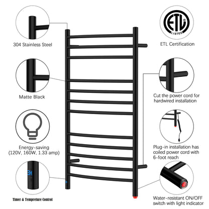 Towel Warmer 12 Curved Bar 24"x40" Built-In Timer, Temperature Control, Wall-Mounted, Hardwired/Plug-in Matte Black