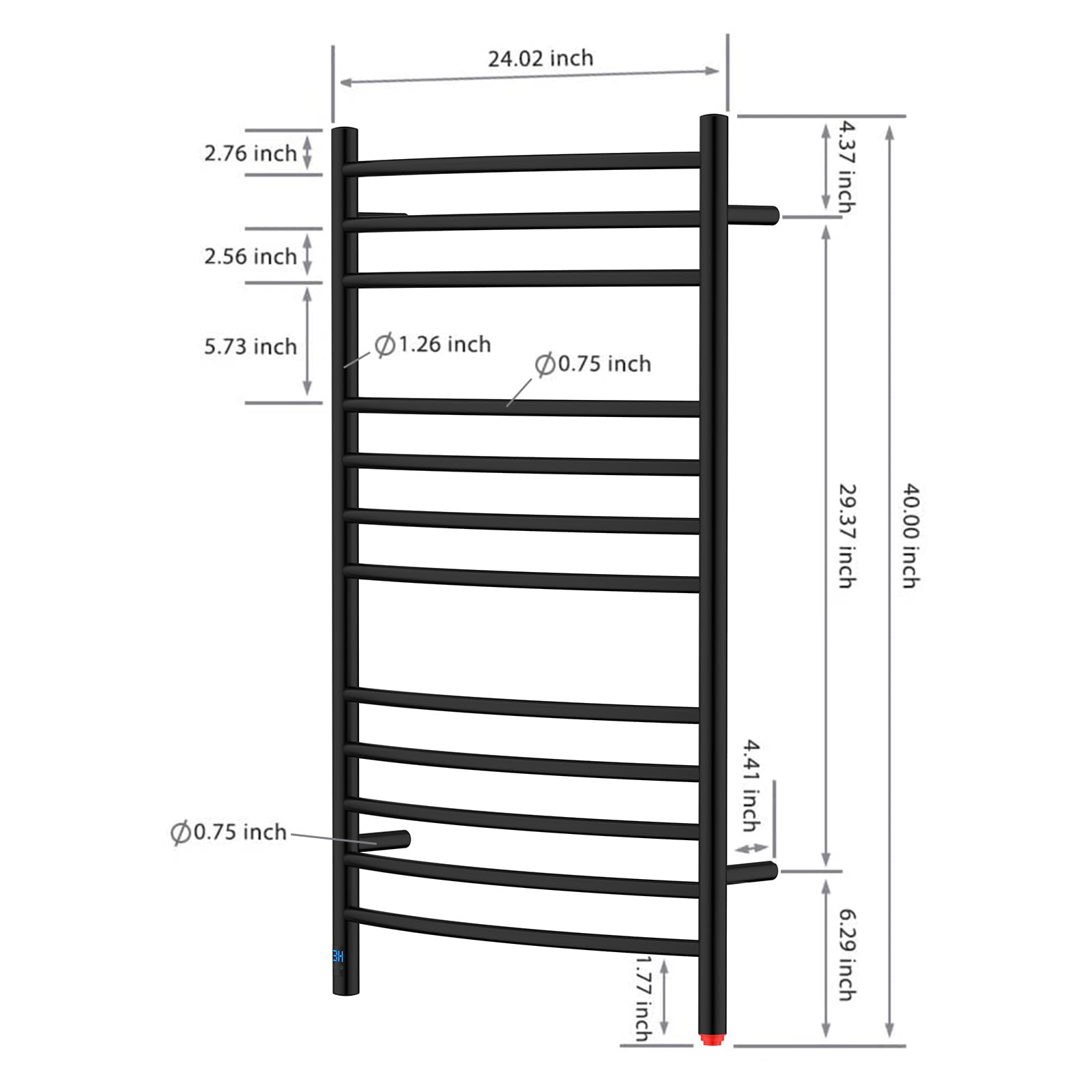 Towel Warmer 12 Curved Bar 24"x40" Built-In Timer, Temperature Control, Wall-Mounted, Hardwired/Plug-in Matte Black