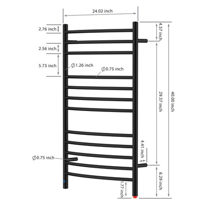 Towel Warmer 12 Curved Bar 24"x40" Built-In Timer, Temperature Control, Wall-Mounted, Hardwired/Plug-in Matte Black