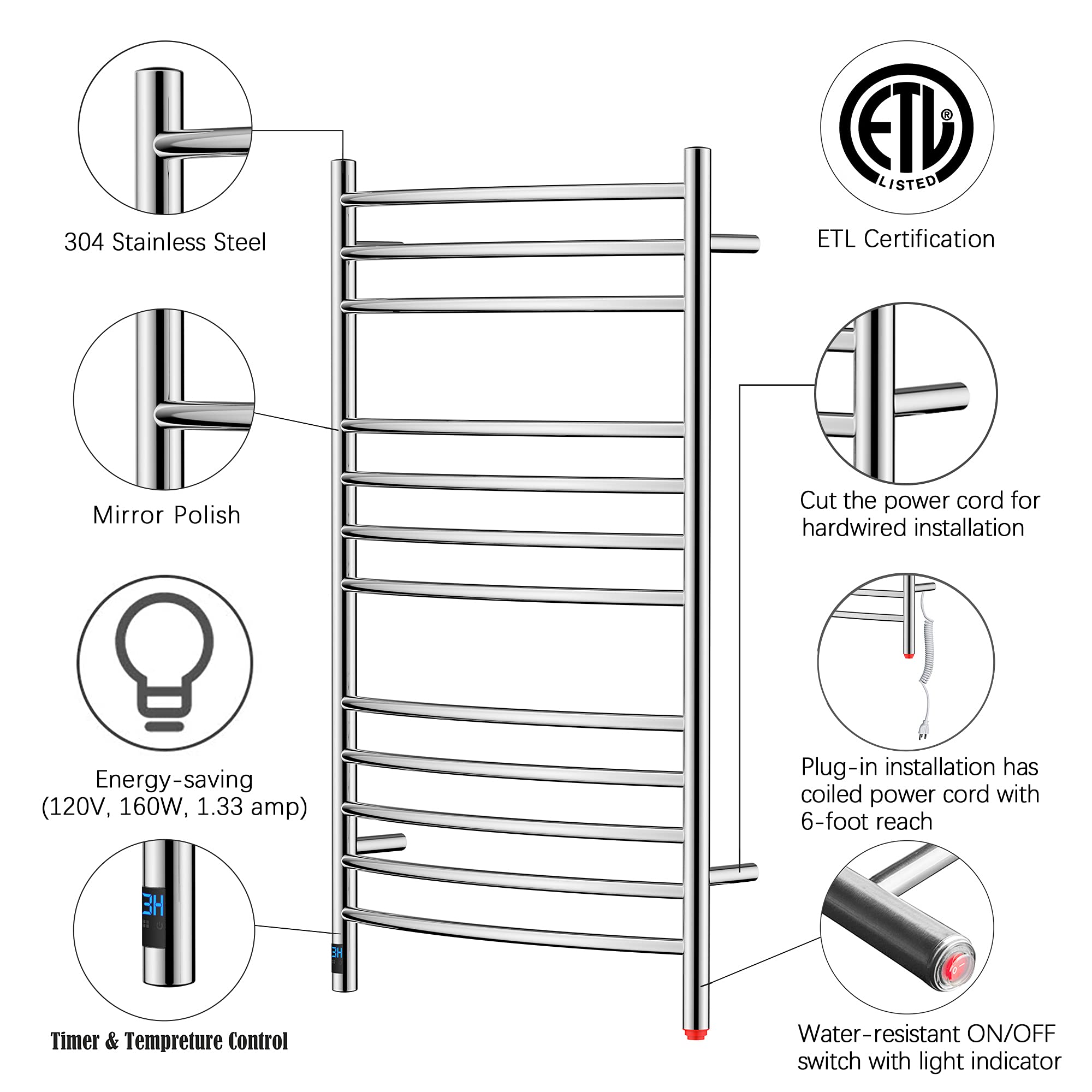 Towel Warmer 12 Curved Bar 24"x40" Built-In Timer, Temperature Control, Wall-Mounted, Hardwired/Plug-in Mirror Polish