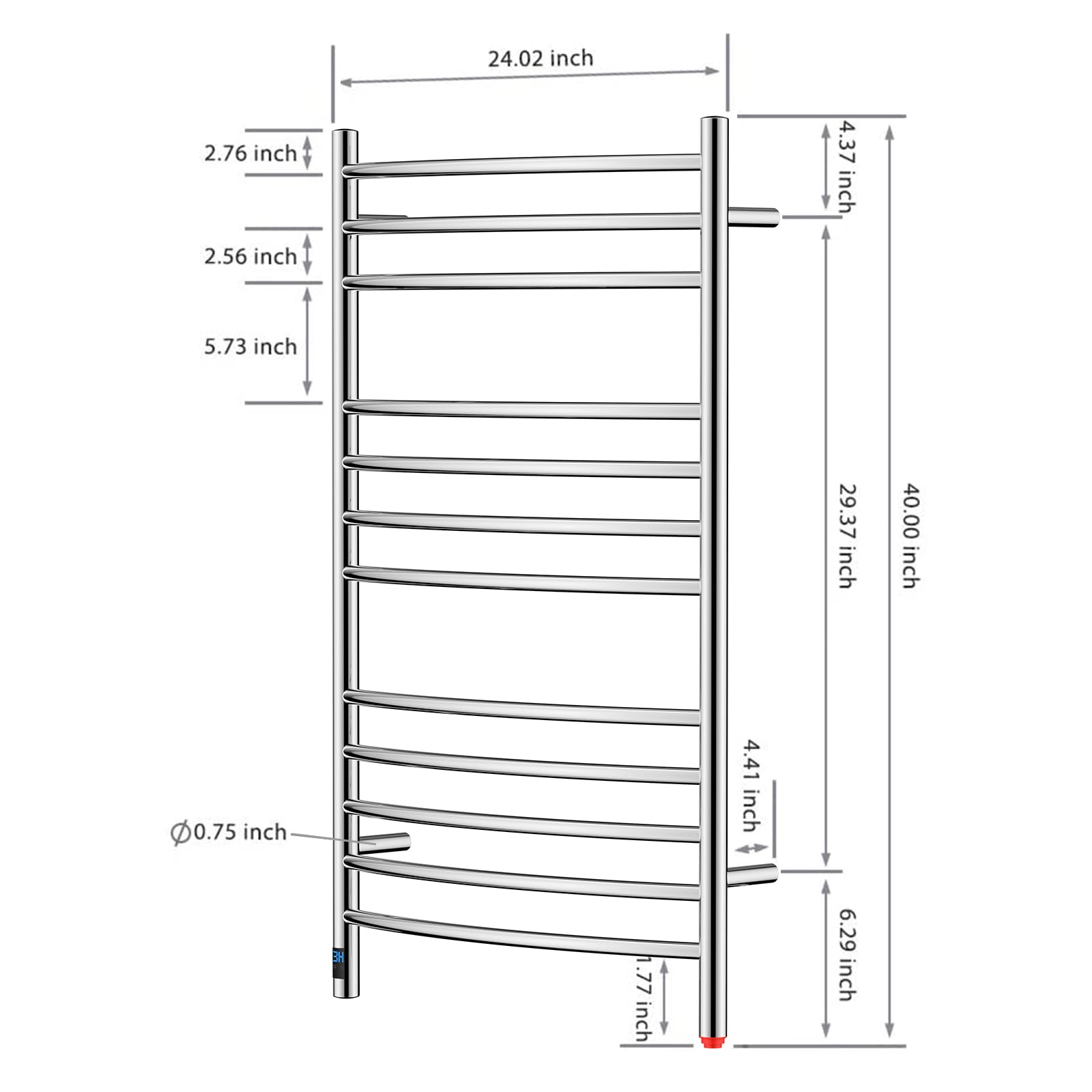 Towel Warmer 12 Curved Bar 24"x40" Built-In Timer, Temperature Control, Wall-Mounted, Hardwired/Plug-in Mirror Polish