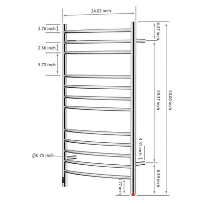 Towel Warmer 12 Curved Bar 24"x40" Built-In Timer, Temperature Control, Wall-Mounted, Hardwired/Plug-in Mirror Polish