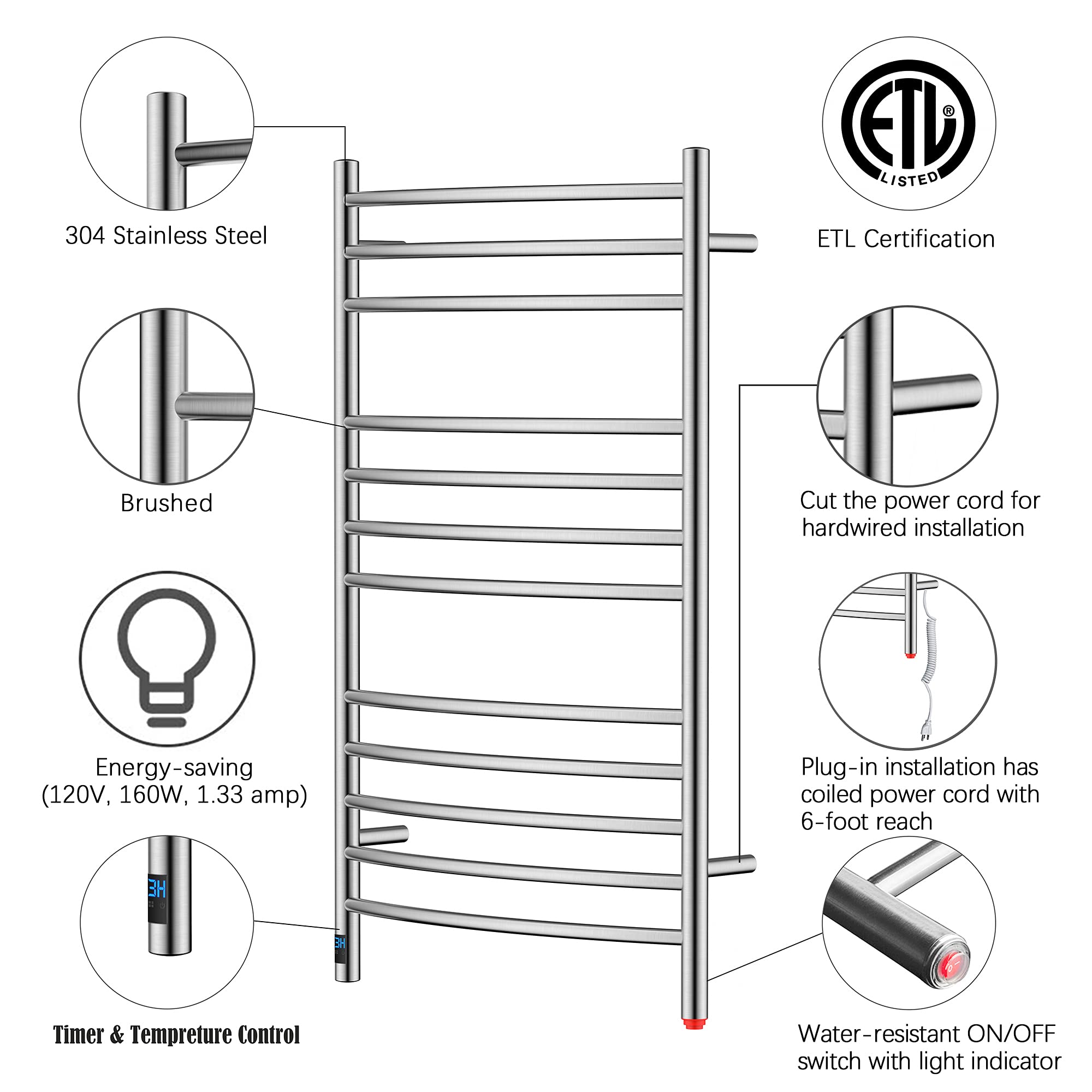 Towel Warmer 12 Curved Bar 24"x40" Built-In Timer, Temperature Control, Wall-Mounted, Hardwired/Plug-in Brushed Polish