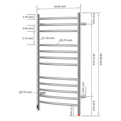 Towel Warmer 12 Curved Bar 24"x40" Built-In Timer, Temperature Control, Wall-Mounted, Hardwired/Plug-in Brushed Polish