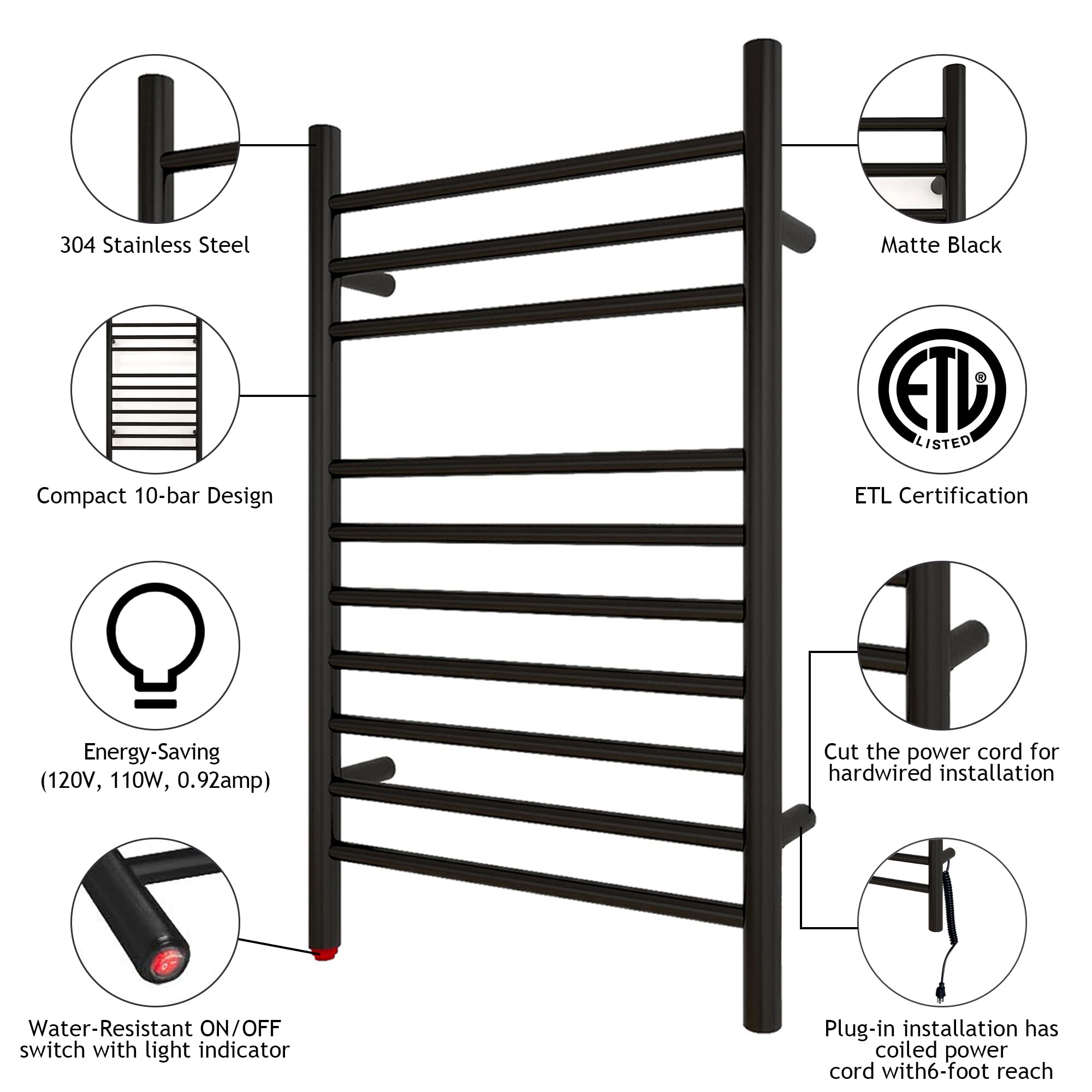 Towel Warmer 10 Straight Bar 20"x32" Wall-Mounted, Hard-Wired Matte Black