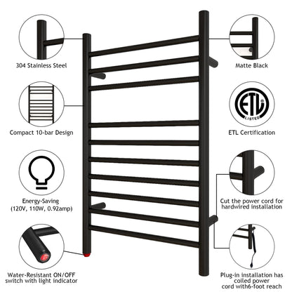 Towel Warmer 10 Straight Bar 20"x32" Wall-Mounted, Hard-Wired Matte Black