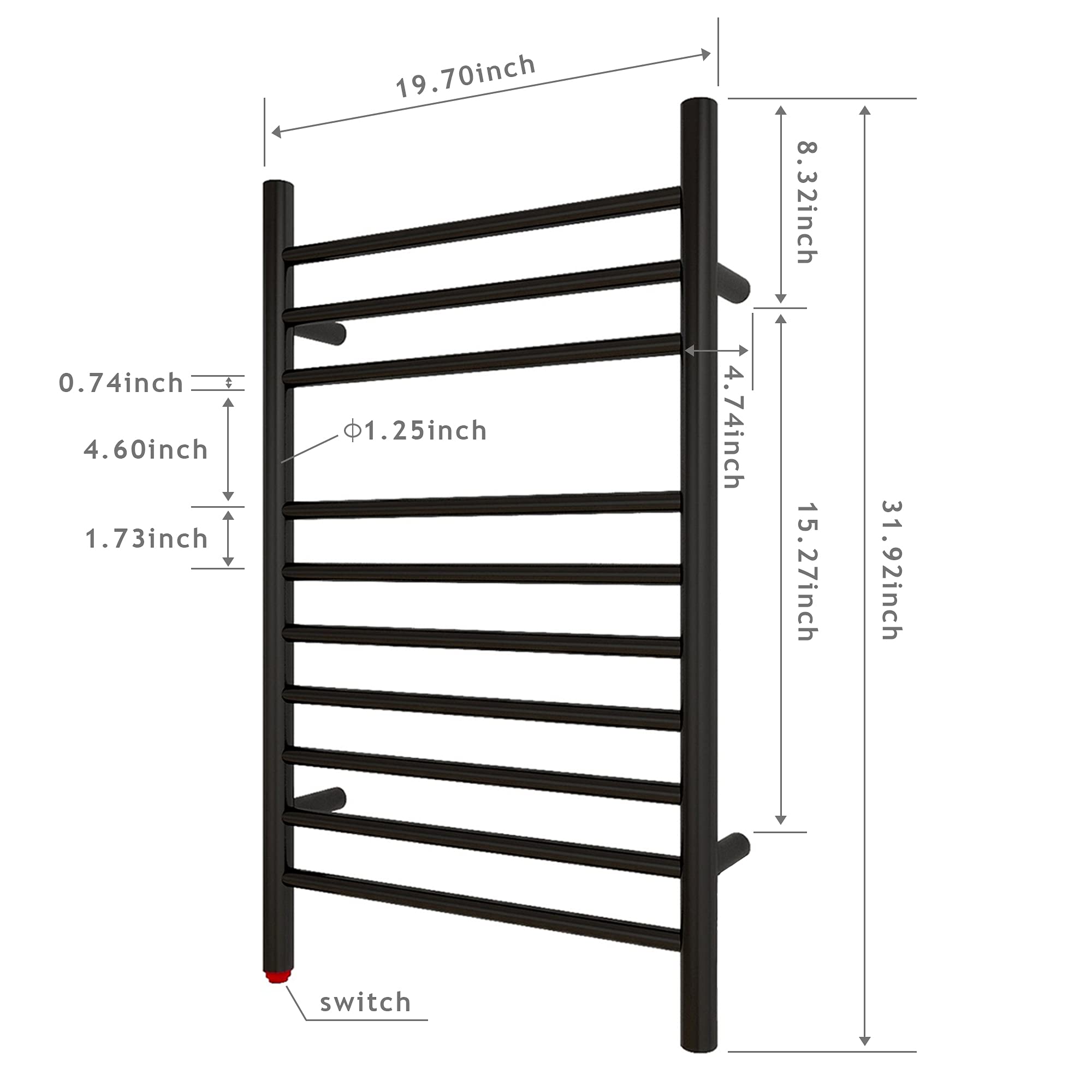 Towel Warmer 10 Straight Bar 20"x32" Wall-Mounted, Hard-Wired Matte Black