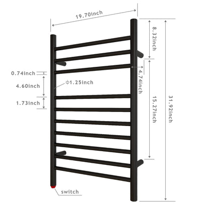 Towel Warmer 10 Straight Bar 20"x32" Hardwired/Plug-In Matte Black