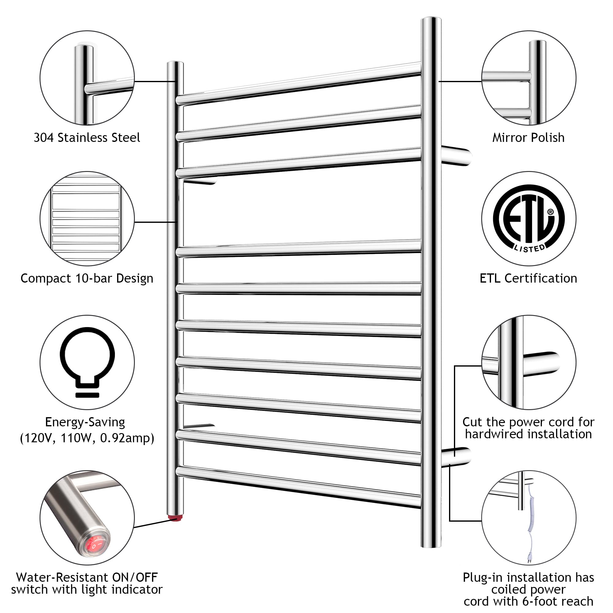 Towel Warmer 10 Straight Bar 20"x32" Hardwired/Plug-In Mirror Polish