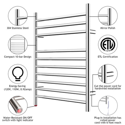 Towel Warmer 10 Straight Bar 20"x32" Hardwired/Plug-In Mirror Polish