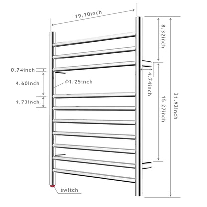 Towel Warmer 10 Straight Bar 20"x32" Hardwired/Plug-In Mirror Polish