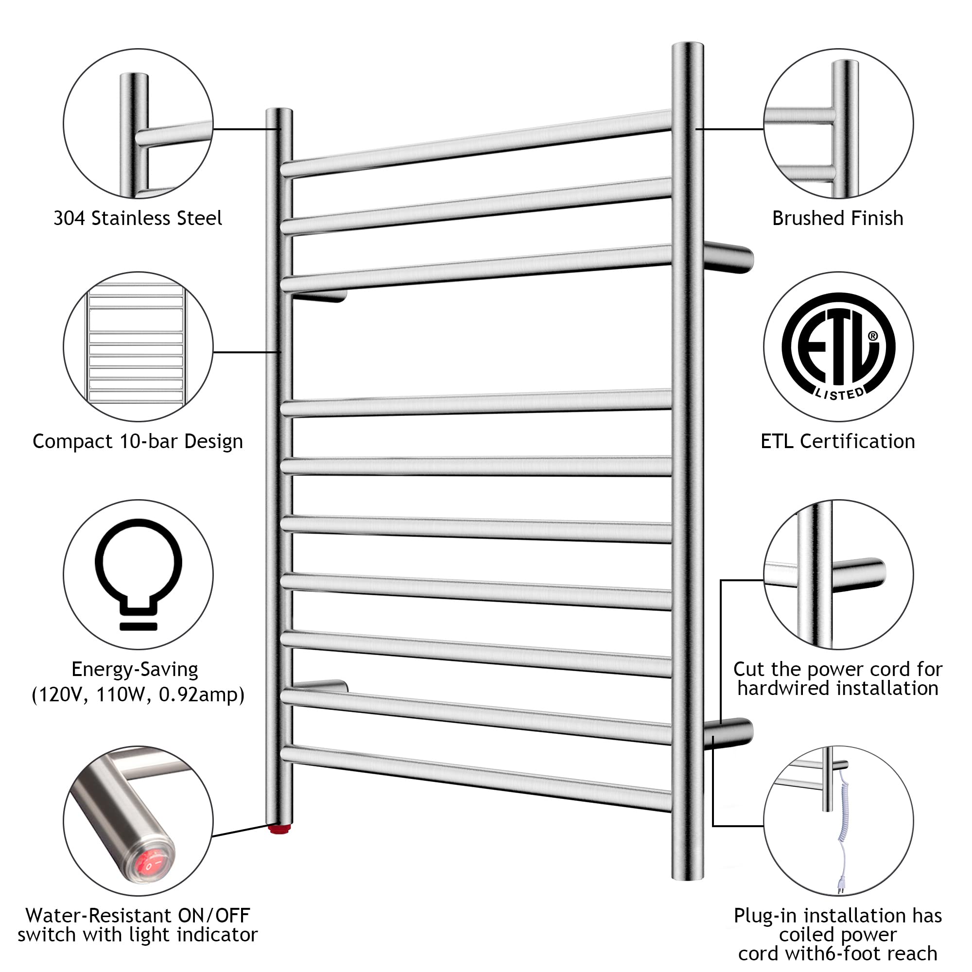 Towel Warmer 10 Straight Bar 20"x32" Hardwired/Plug-In Brushed Polish