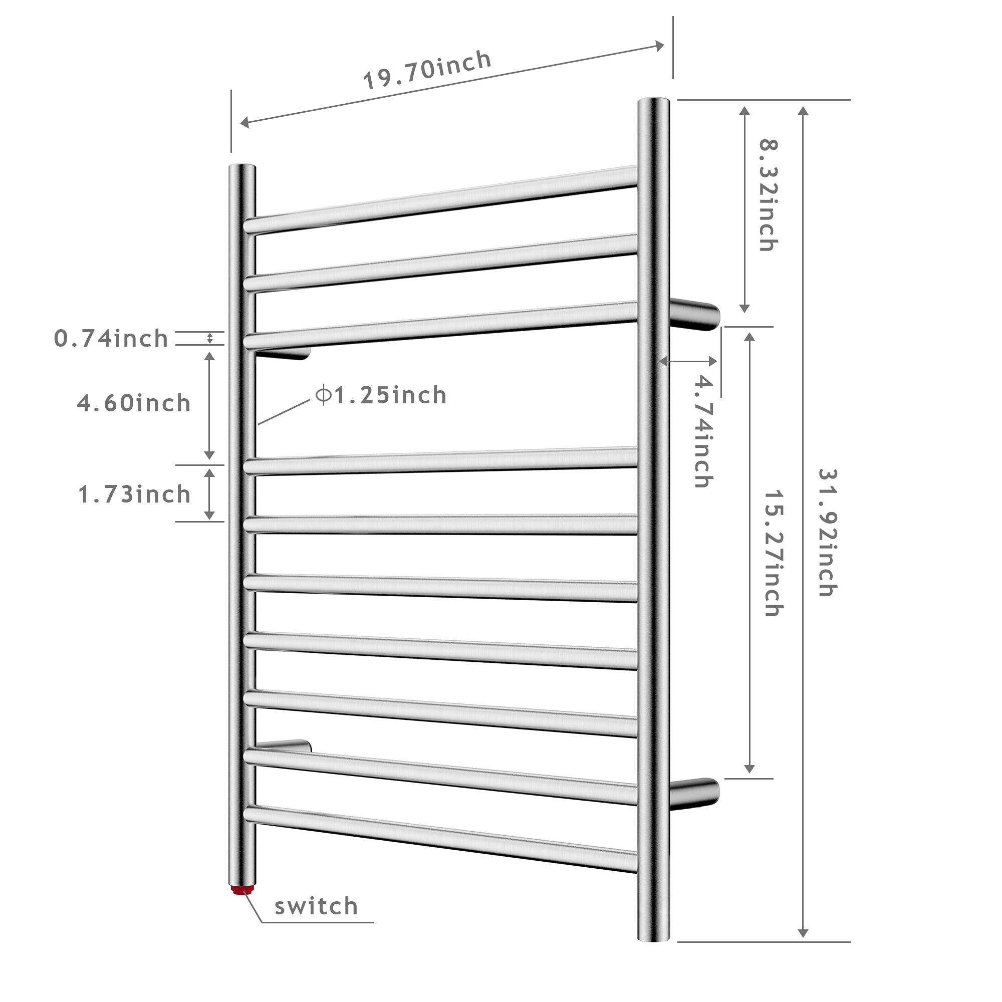 Towel Warmer 10 Straight Bar 20"x32" Hardwired/Plug-In Brushed Polish