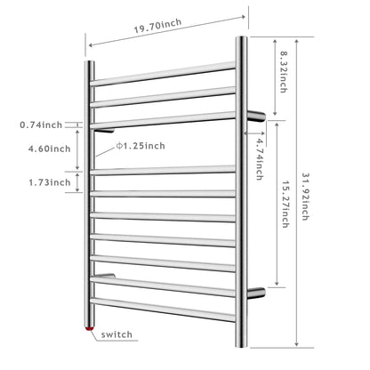 Towel Warmer 10 Straight Bar 20"x32" Hardwired/Plug-In Brushed Polish