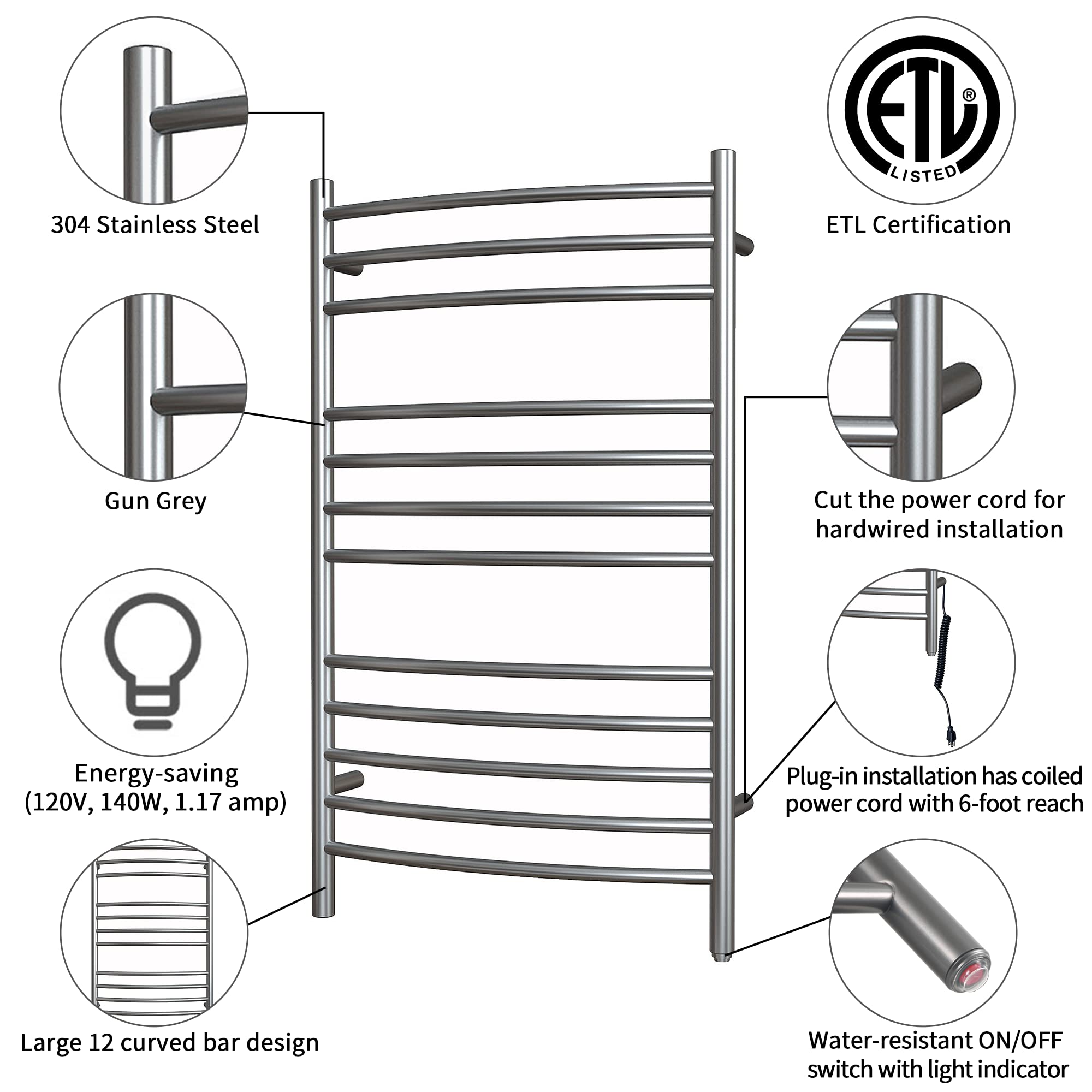 Towel Warmer 12 Curved Bar 24"x40" Hardwired/Plug-in Grey