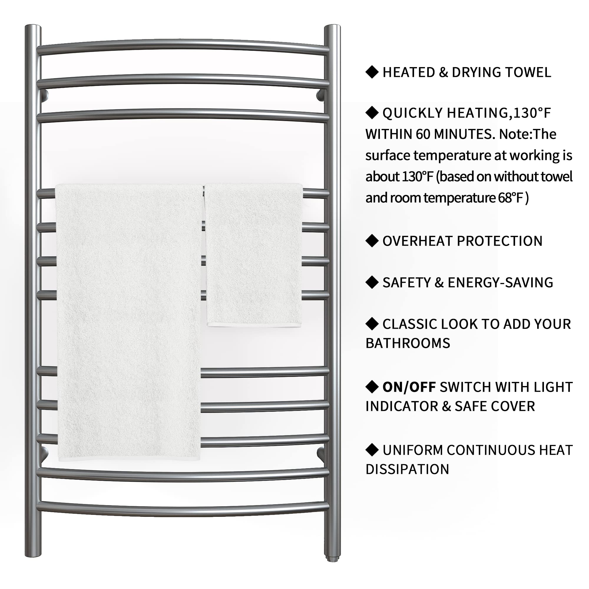 Towel Warmer 12 Curved Bar 24"x40" Hardwired/Plug-in Grey