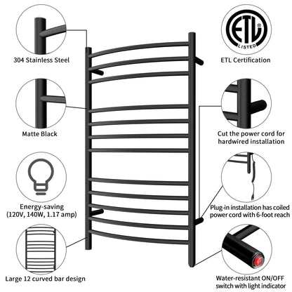 Towel Warmer 12 Curved Bar 24"x40" Hardwired/Plug-in Matte Black