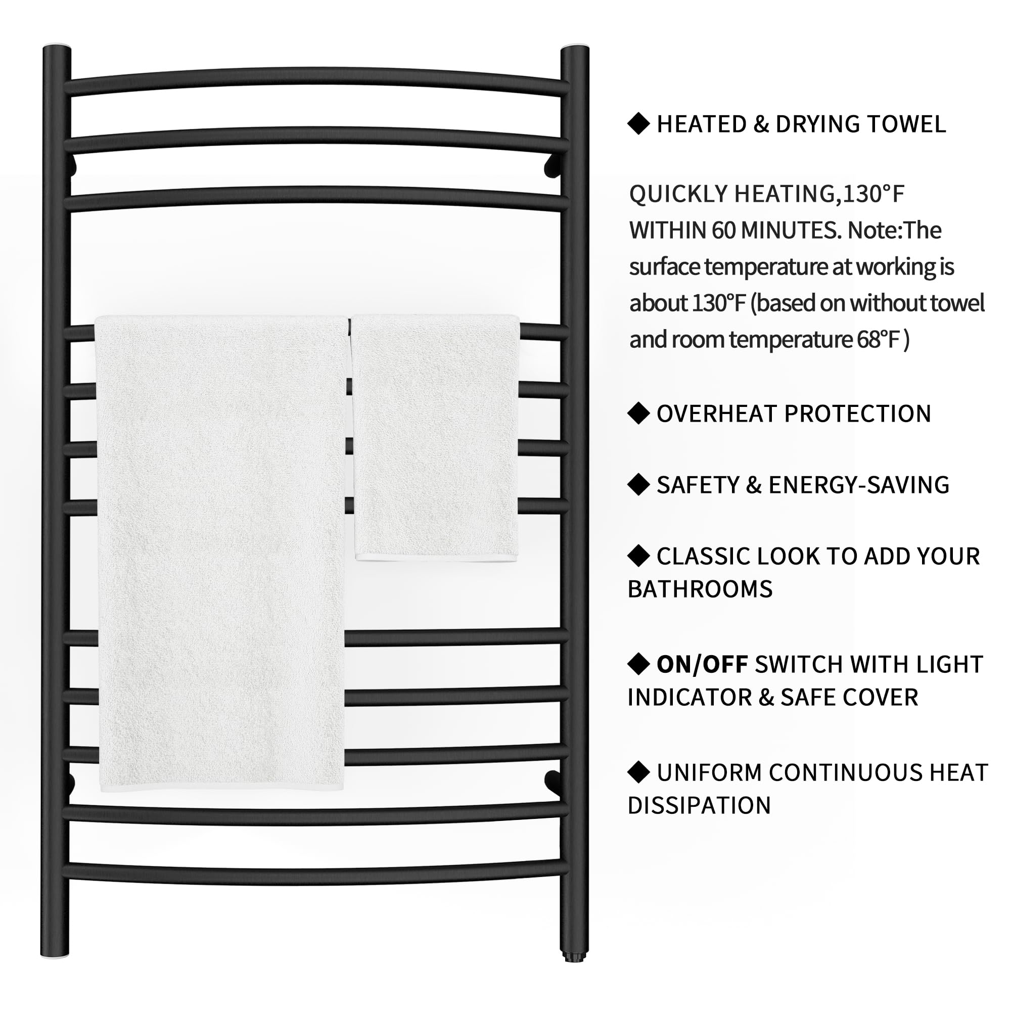 Towel Warmer 12 Curved Bar 24"x40" Hardwired/Plug-in Matte Black