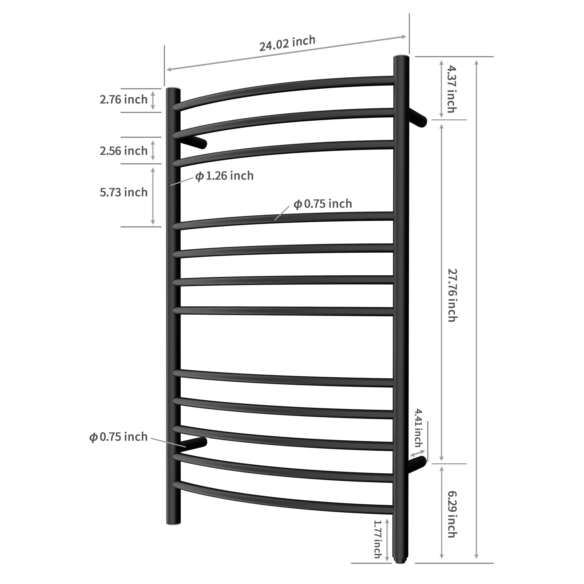 Towel Warmer 12 Curved Bar 24"x40" Hardwired/Plug-in Matte Black