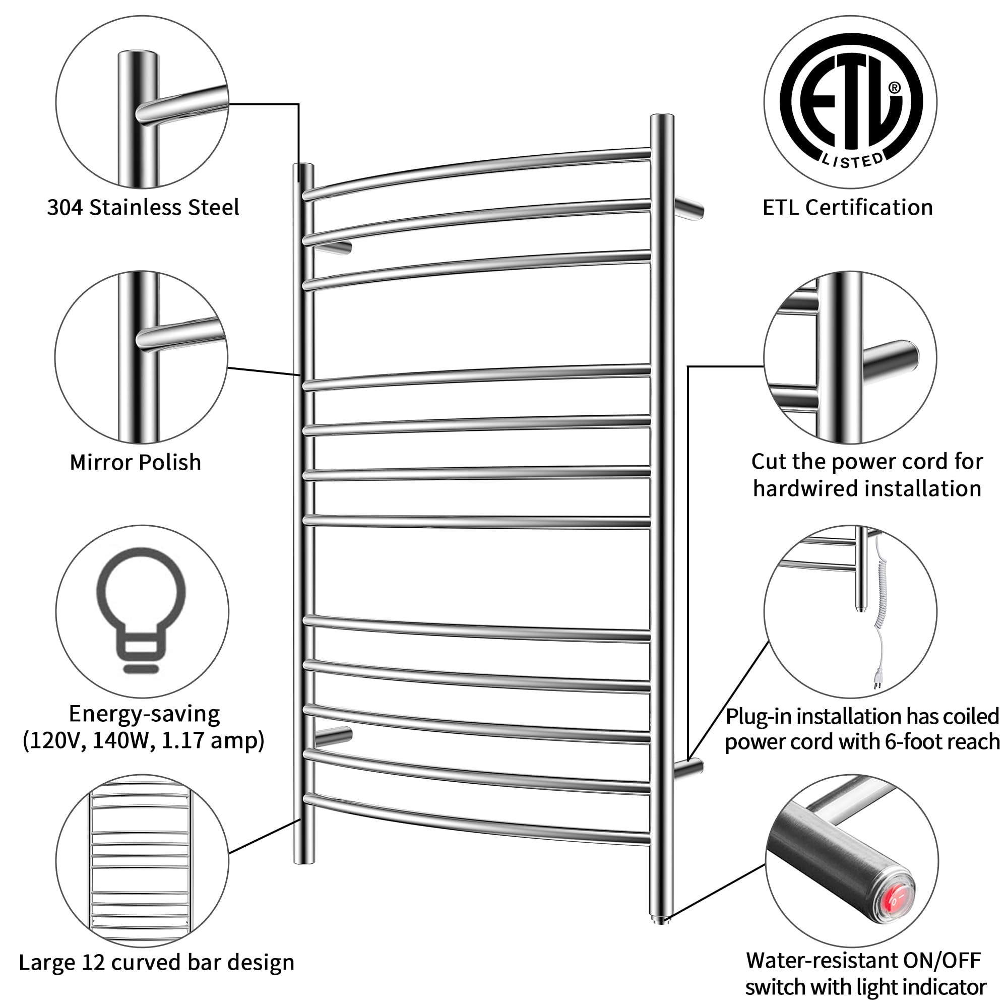 Towel Warmer 12 Curved Bar 24"x40" Hardwired/Plug-in Mirror Polish