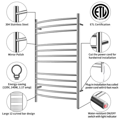 Towel Warmer 12 Curved Bar 24"x40" Hardwired/Plug-in Mirror Polish