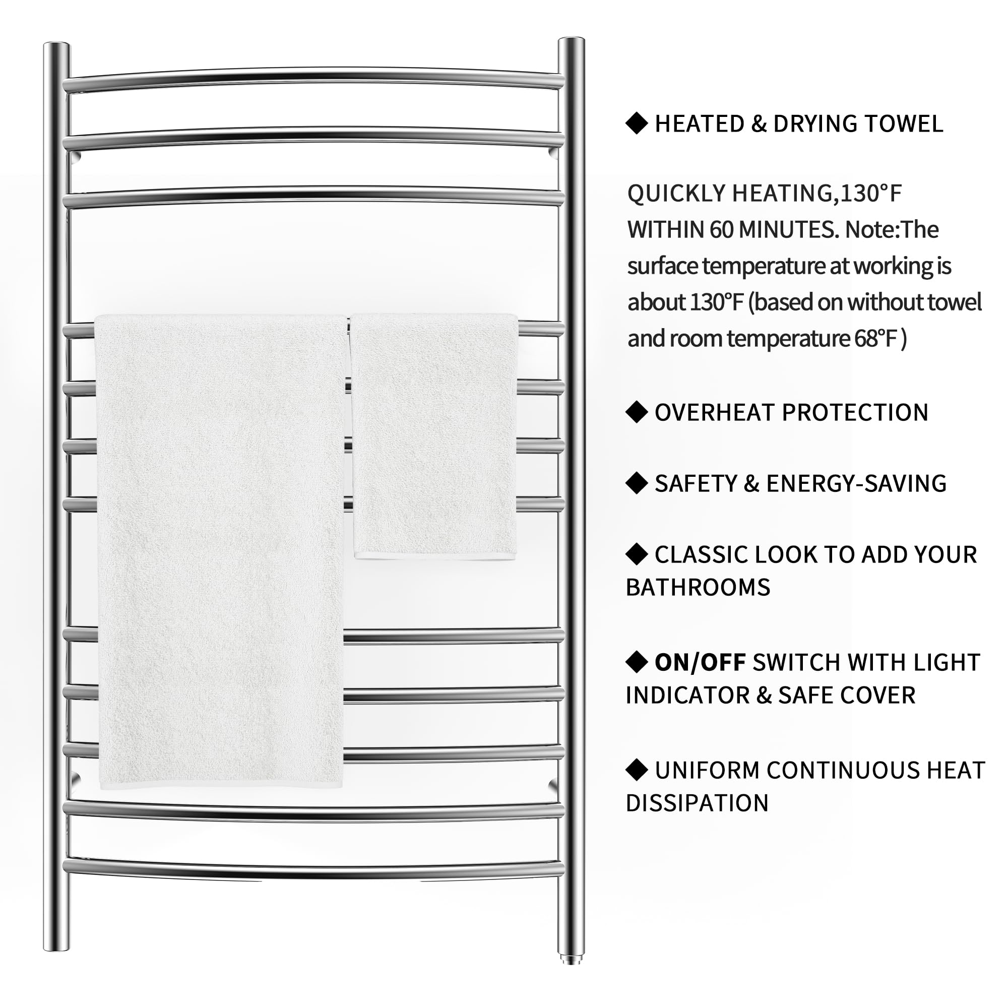 Towel Warmer 12 Curved Bar 24"x40" Hardwired/Plug-in Mirror Polish