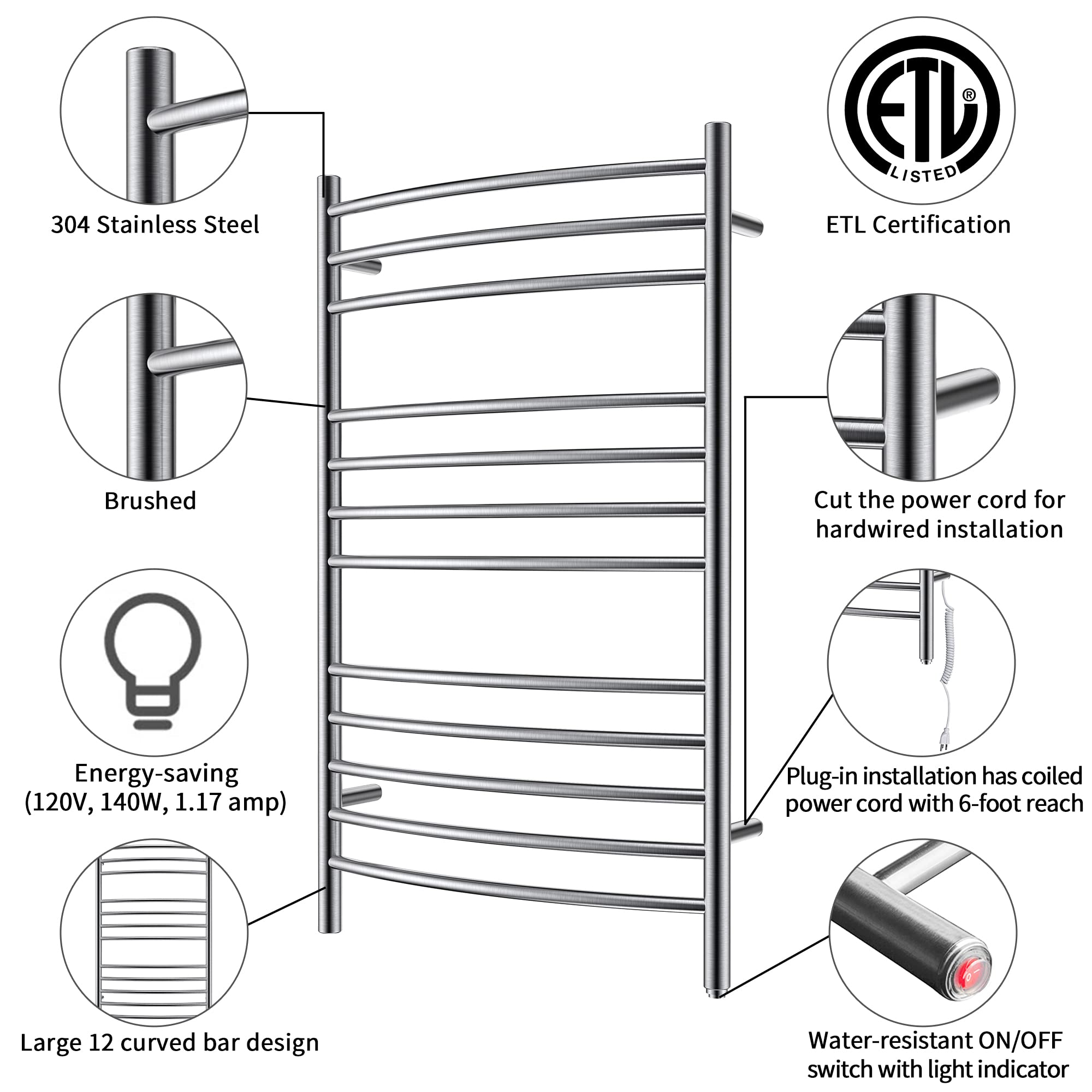 Towel Warmer 12 Curved Bar 24"x40" Hardwired/Plug-in Brushed Polish