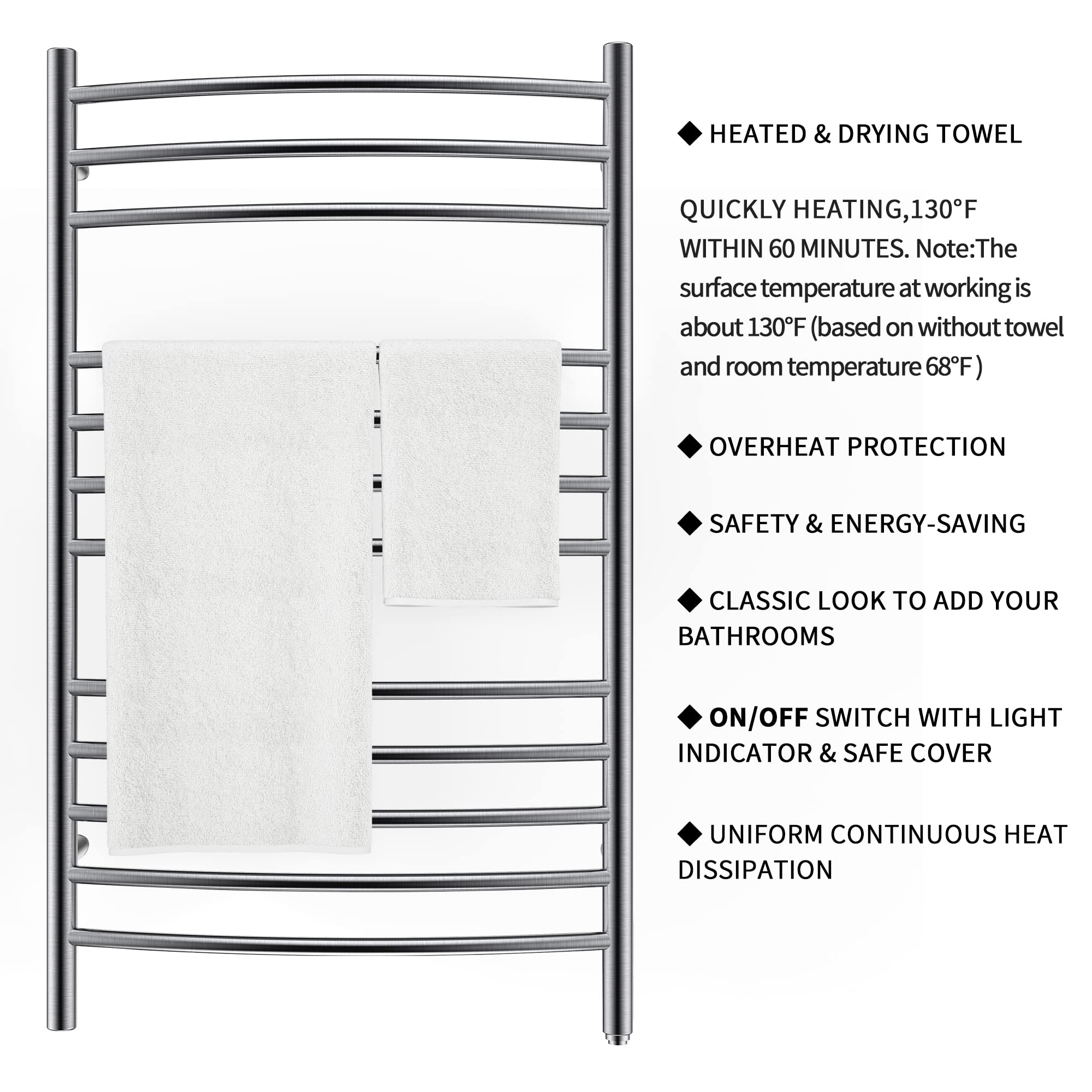 Towel Warmer 12 Curved Bar 24"x40" Hardwired/Plug-in Brushed Polish