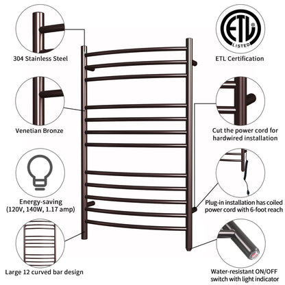 Towel Warmer 12 Curved Bar 24"x40" Hardwired/Plug-in Venetian Bronze