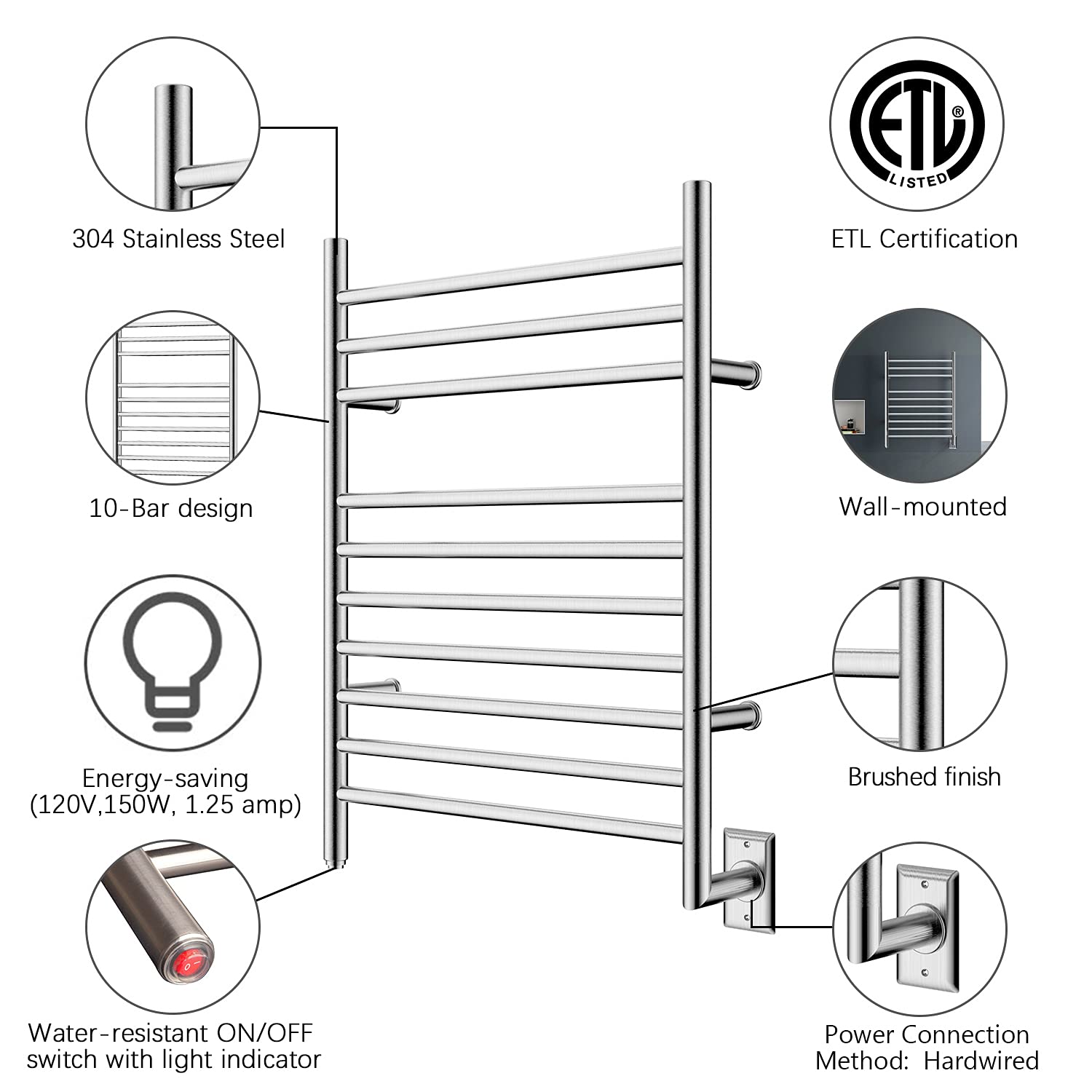 Towel Warmer 10 Bar Hardwired, 24"x32", Wall Mounted Brushed Polish