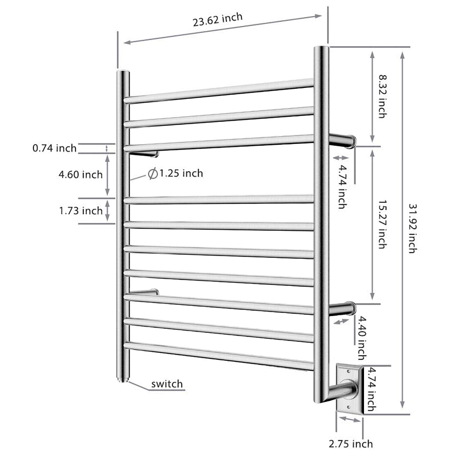 Towel Warmer 10 Bar Hardwired, 24"x32", Wall Mounted Brushed Polish