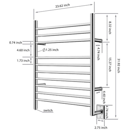 Towel Warmer 10 Bar Hardwired, 24"x32", Wall Mounted Brushed Polish