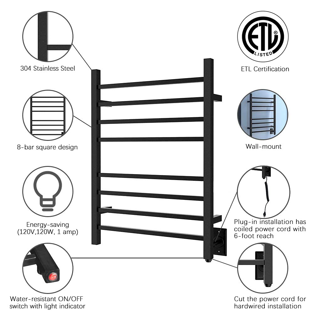 Towel Warmer 8 Square Bar 24"x32" Hardwired/Plug-in, Wall-Mounted Matte Black