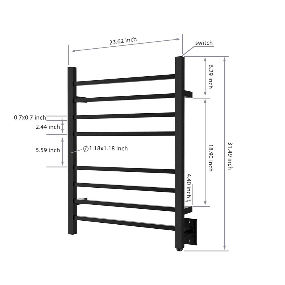 Towel Warmer 8 Square Bar 24"x32" Hardwired/Plug-in, Wall-Mounted Matte Black