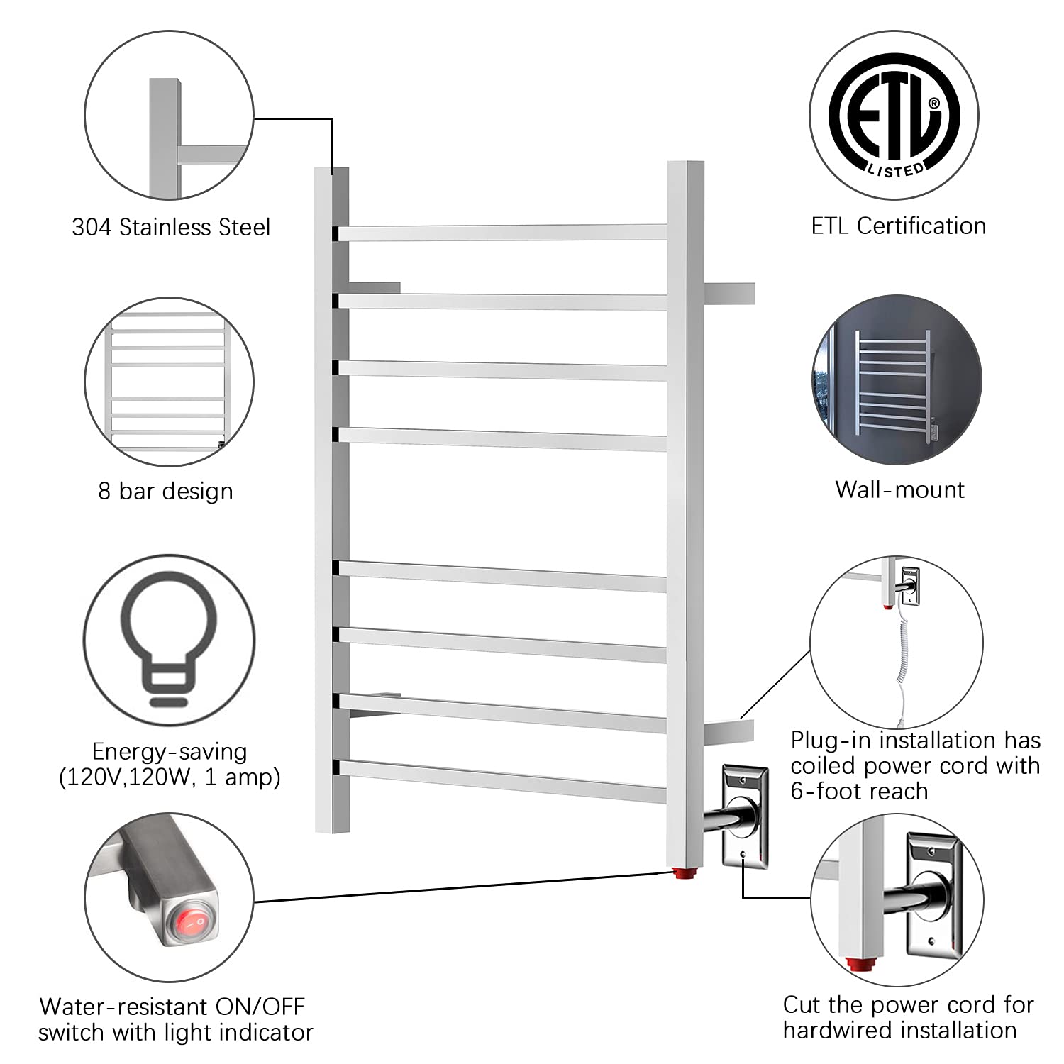 Towel Warmer 8 Square Bar 24"x32" Hardwired/Plug-in, Wall-Mounted Mirror Polish