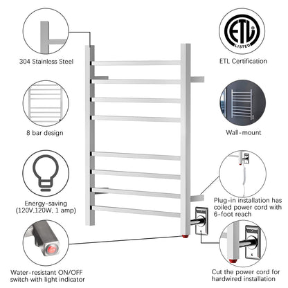 Towel Warmer 8 Square Bar 24"x32" Hardwired/Plug-in, Wall-Mounted Mirror Polish