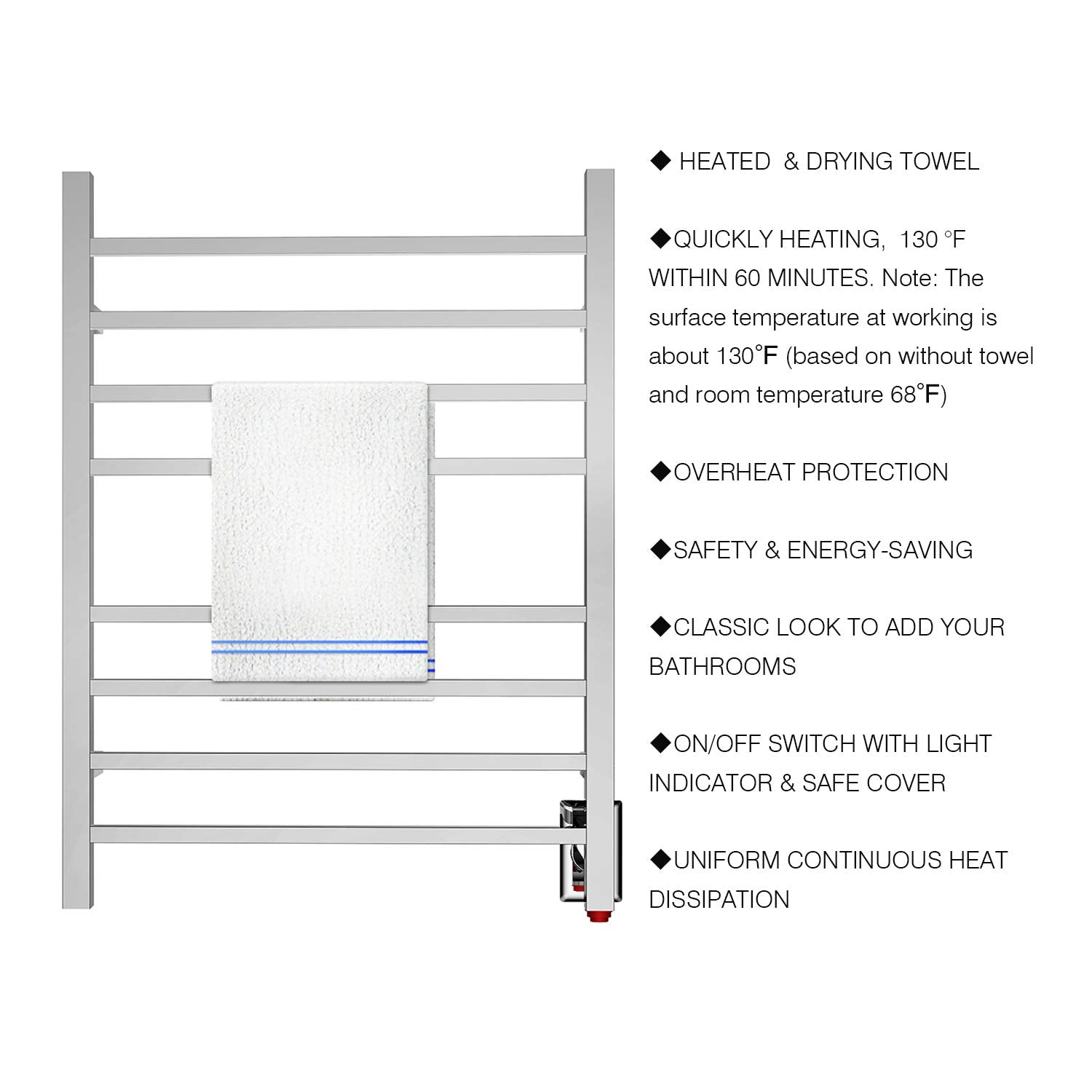 Towel Warmer 8 Square Bar 24"x32" Hardwired/Plug-in, Wall-Mounted Mirror Polish