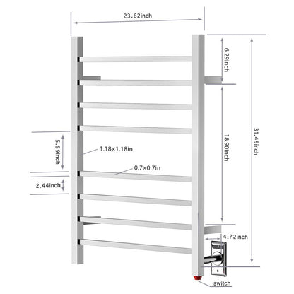 Towel Warmer 8 Square Bar 24"x32" Hardwired/Plug-in, Wall-Mounted Mirror Polish